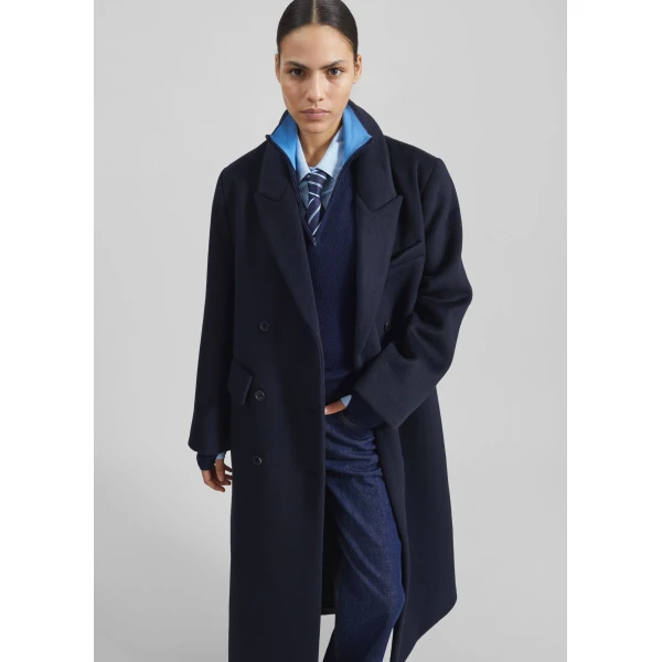 The Frankie Shop Atlin Wool Double-Breasted Coat - Dark Navy - Oversized Minimalist Coats in Blue - Shop at Luxury Shoes 