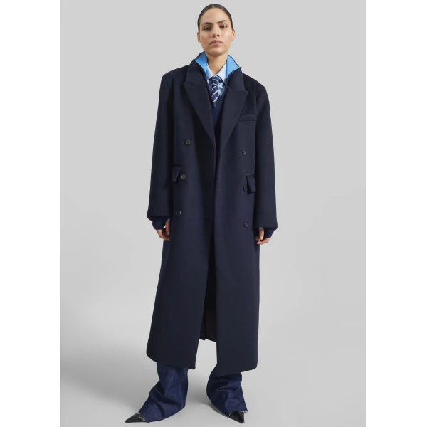 The Frankie Shop Atlin Wool Double-Breasted Coat - Dark Navy - Oversized Minimalist Coats in Blue - Shop at Luxury Shoes 