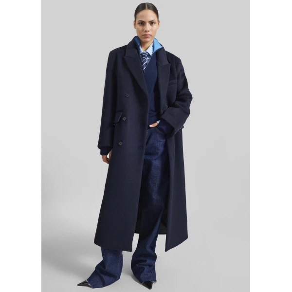 The Frankie Shop Atlin Wool Double-Breasted Coat - Dark Navy - Oversized Minimalist Coats in Blue - Shop at Luxury Shoes 