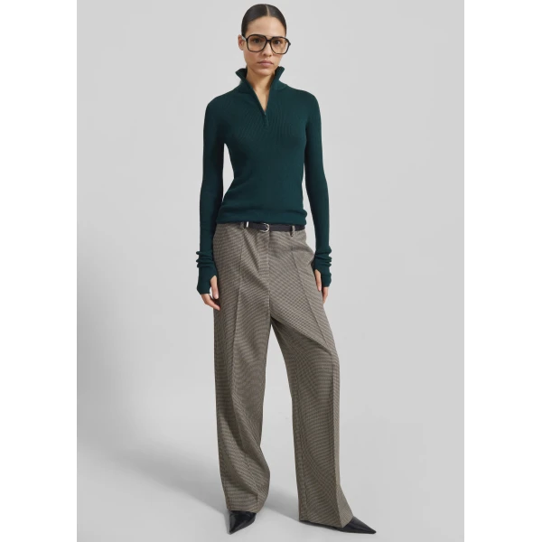 The Frankie Shop Aubel Belted Straight Pants - Black Houndstooth - Oversized Minimalist Pants in Black - Shop at Luxury Shoes 