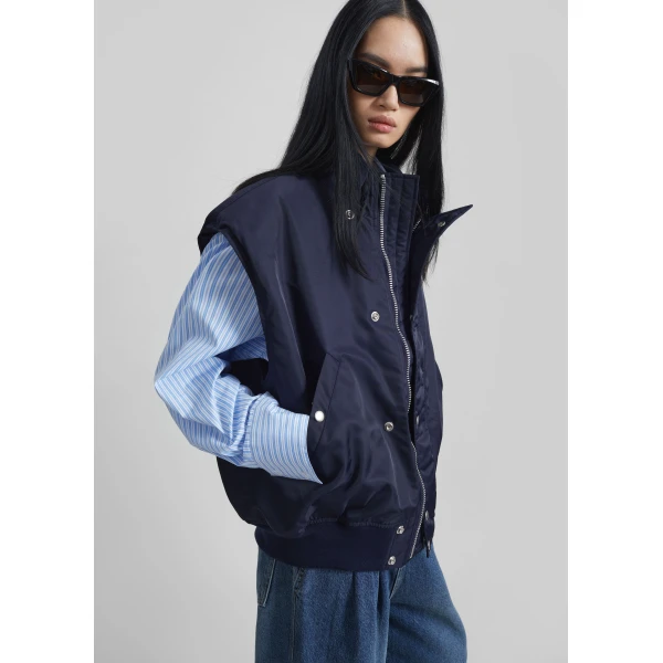 The Frankie Shop Aysen Sleeveless Bomber Jacket - Navy - Oversized Minimalist Jackets in Blue - Shop at Luxury Shoes 