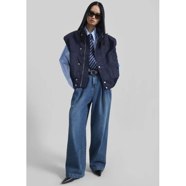 The Frankie Shop Aysen Sleeveless Bomber Jacket - Navy - Oversized Minimalist Jackets in Blue - Shop at Luxury Shoes 