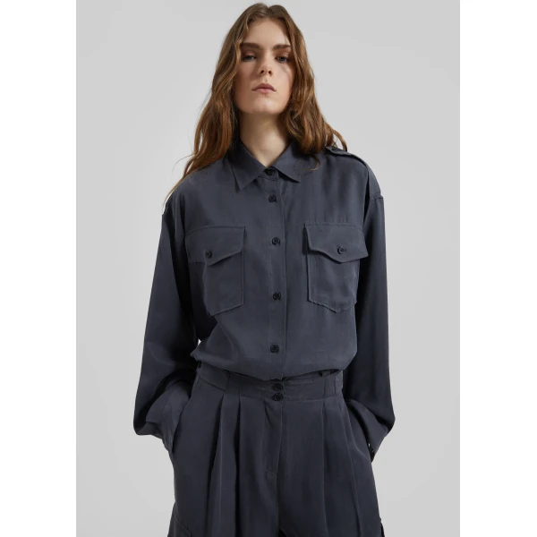 The Frankie Shop Balsta Cargo Shirt - Dark Grey - Oversized Minimalist Tops in Grey - Shop at Luxury Shoes 