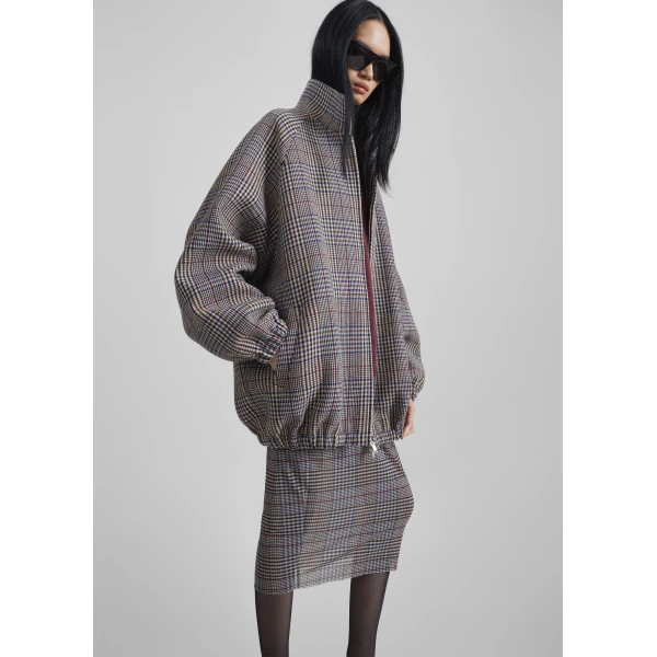 The Frankie Shop Baxter Wool Track Jacket - Beige Glen Plaid - Oversized Minimalist Jackets in Beige - Shop at Luxury Shoes 