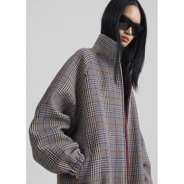The Frankie Shop Baxter Wool Track Jacket - Beige Glen Plaid - Oversized Minimalist Jackets in Beige - Shop at Luxury Shoes 