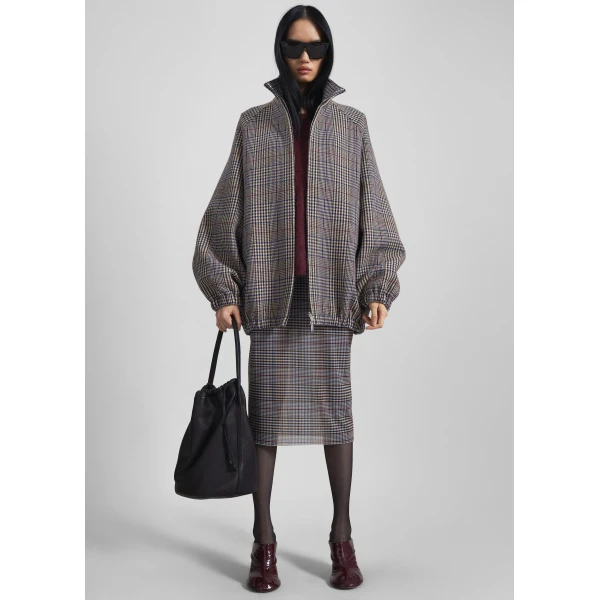 The Frankie Shop Baxter Wool Track Jacket - Beige Glen Plaid - Oversized Minimalist Jackets in Beige - Shop at Luxury Shoes 
