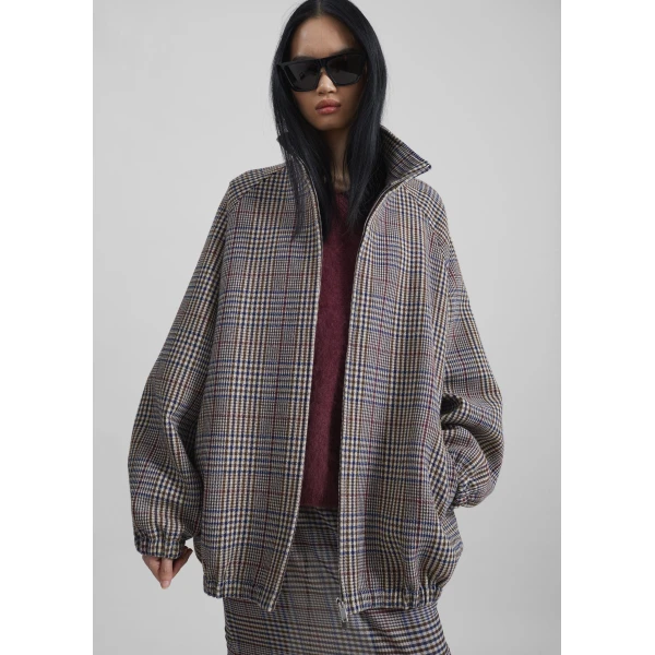 The Frankie Shop Baxter Wool Track Jacket - Beige Glen Plaid - Oversized Minimalist Jackets in Beige - Shop at Luxury Shoes 