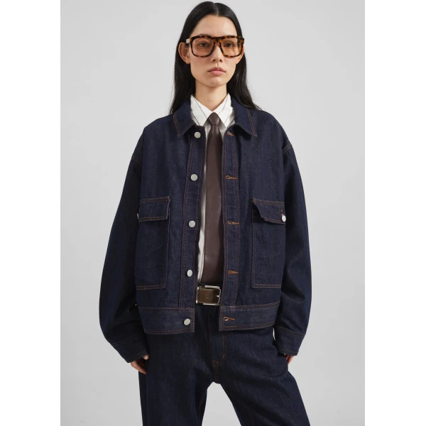 The Frankie Shop Belden Boxy Denim Jacket - Dark Wash - Oversized Minimalist Jackets in Blue - Shop at Luxury Shoes 