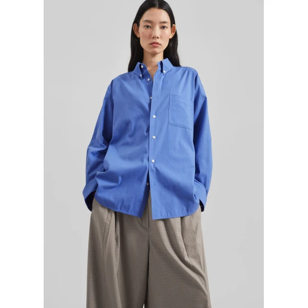 The Frankie Shop Bijnor Oxford Shirt - Blue - Oversized Minimalist Tops in Blue - Shop at Luxury Shoes 