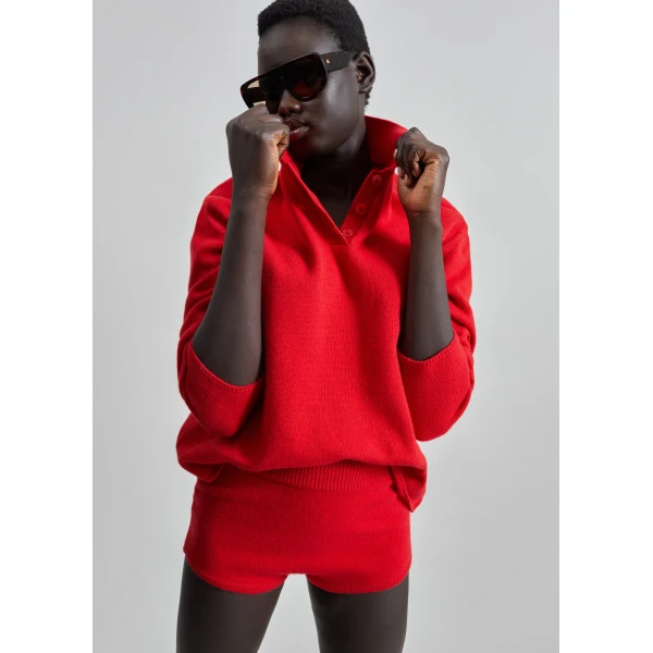 The Frankie Shop Bresica Knit Polo Sweater - Red - Oversized Minimalist Knitwear in Red - Shop at Luxury Shoes 