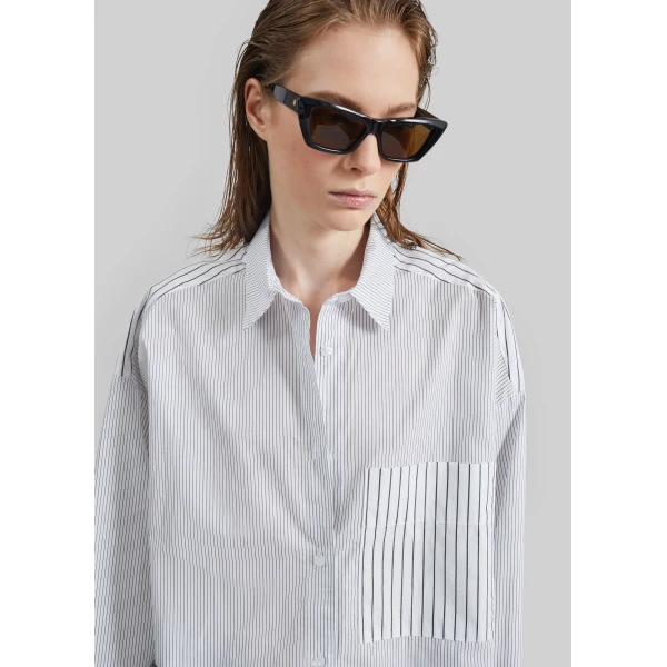 The Frankie Shop By Malene Birger Derris Shirt - White/Black Mix Stripe - Oversized Minimalist Tops in Black - Shop at Luxury Shoes 