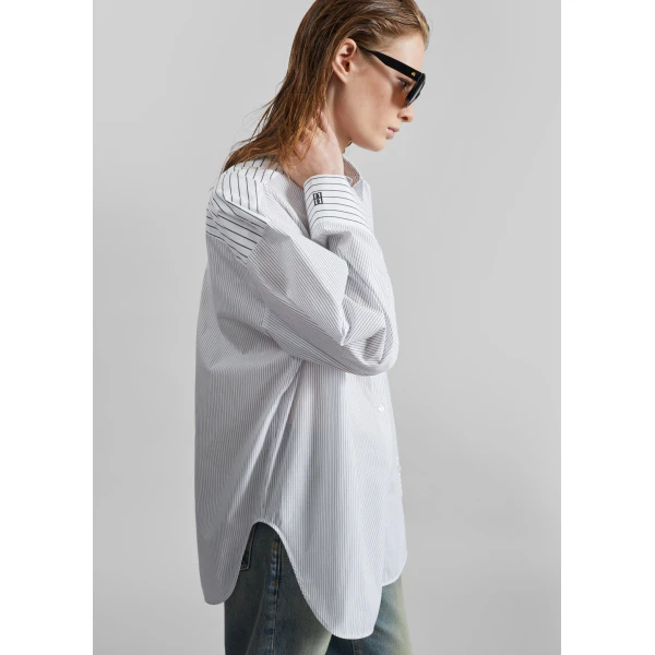 The Frankie Shop By Malene Birger Derris Shirt - White/Black Mix Stripe - Oversized Minimalist Tops in Black - Shop at Luxury Shoes 