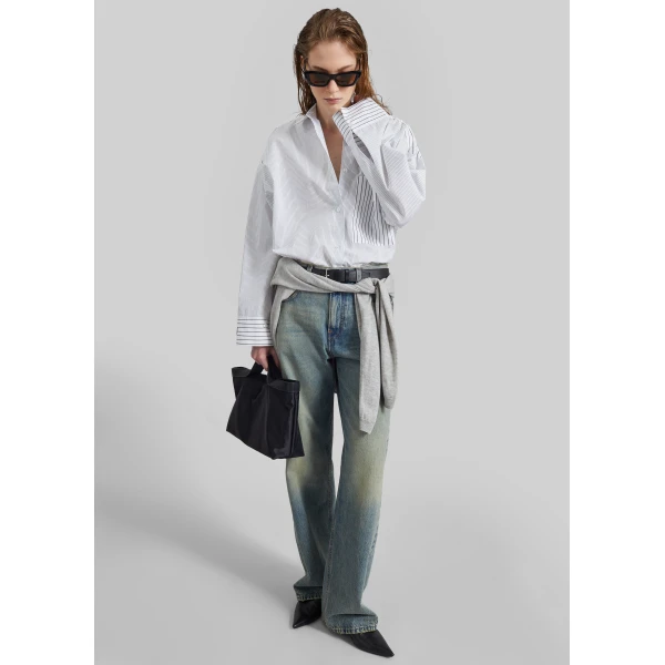 The Frankie Shop By Malene Birger Derris Shirt - White/Black Mix Stripe - Oversized Minimalist Tops in Black - Shop at Luxury Shoes 