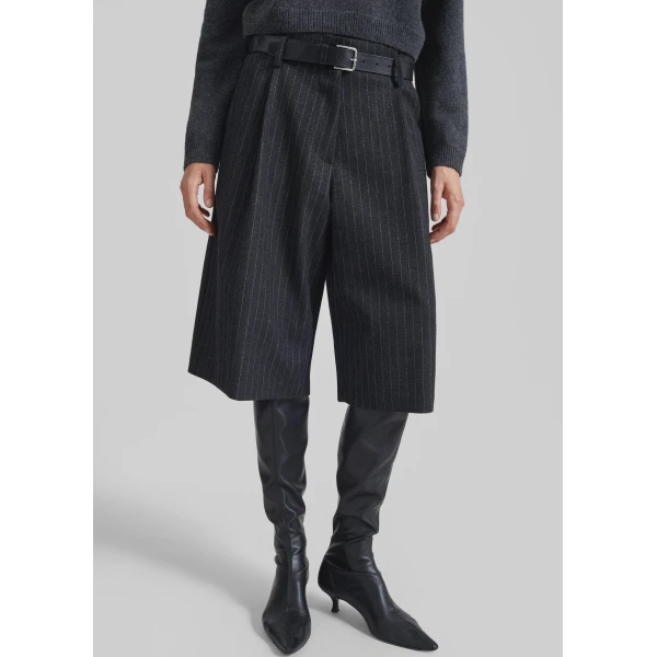 The Frankie Shop Carlow Bermuda Shorts - Charcoal/White Pinstripe - Oversized Minimalist Shorts in White - Shop at Luxury Shoes 