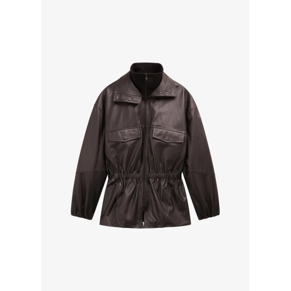 The Frankie Shop Carnaby Funnel Neck Leather Jacket - Dark Plum - Oversized Minimalist Jackets in Brown - Shop at Luxury Shoes 