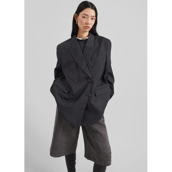 The Frankie Shop Daroca Double-Breasted Blazer - Charcoal - Oversized Minimalist Jackets in Grey - Shop at Luxury Shoes 