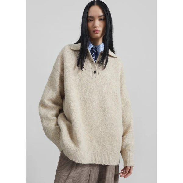 The Frankie Shop Dienne Polo Sweater - Beige - Oversized Minimalist Knitwear in Beige - Shop at Luxury Shoes 