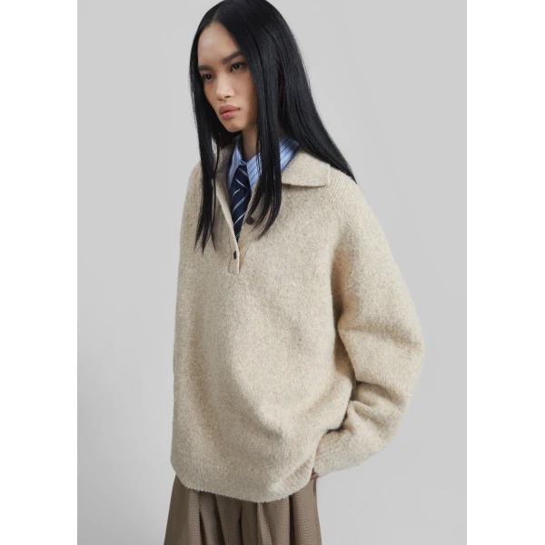 The Frankie Shop Dienne Polo Sweater - Beige - Oversized Minimalist Knitwear in Beige - Shop at Luxury Shoes 