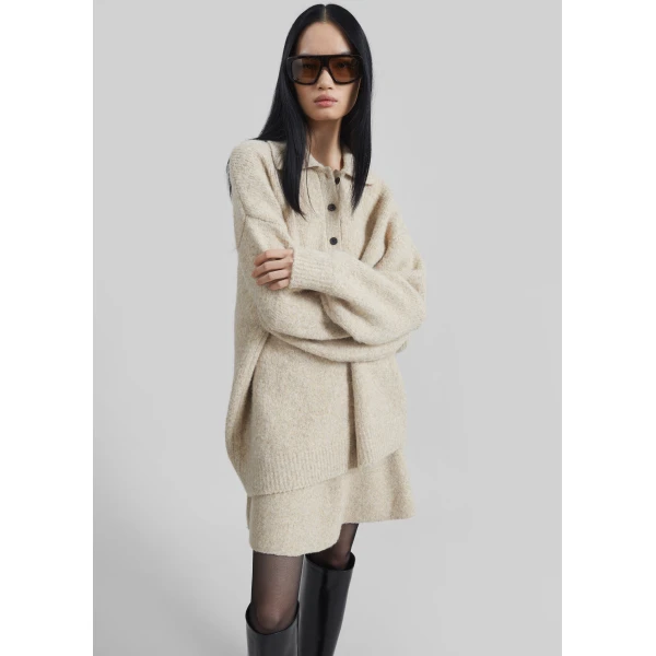 The Frankie Shop Dienne Polo Sweater - Beige - Oversized Minimalist Knitwear in Beige - Shop at Luxury Shoes 