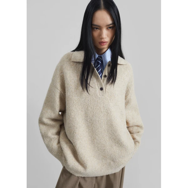 The Frankie Shop Dienne Polo Sweater - Beige - Oversized Minimalist Knitwear in Beige - Shop at Luxury Shoes 