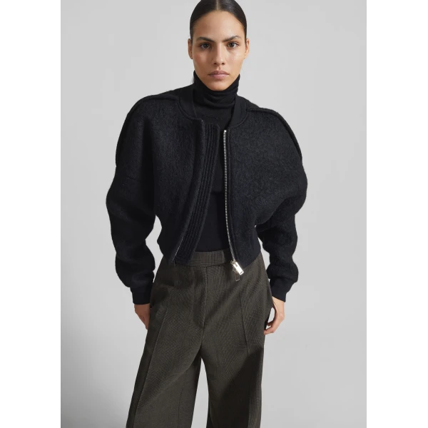 The Frankie Shop Dimaro Wool Cropped Bomber Jacket - Black - Oversized Minimalist Jackets in Black - Shop at Luxury Shoes 