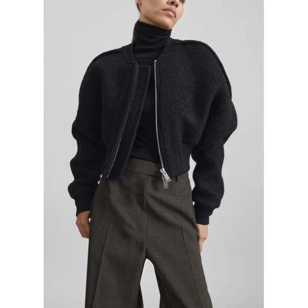 The Frankie Shop Dimaro Wool Cropped Bomber Jacket - Black - Oversized Minimalist Jackets in Black - Shop at Luxury Shoes 