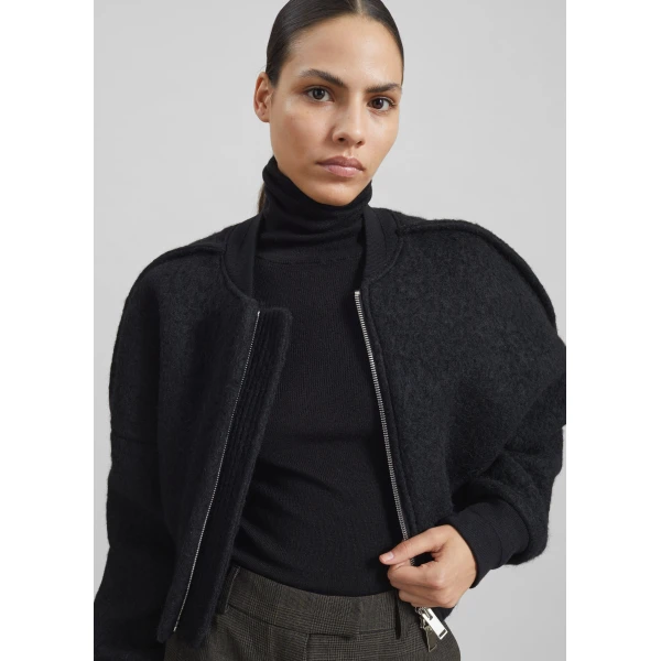 The Frankie Shop Dimaro Wool Cropped Bomber Jacket - Black - Oversized Minimalist Jackets in Black - Shop at Luxury Shoes 
