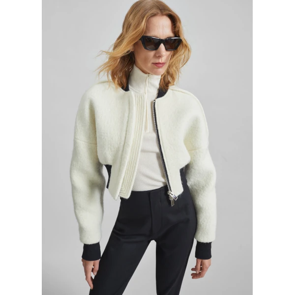 The Frankie Shop Dimaro Wool Cropped Bomber Jacket - Ivory - Oversized Minimalist Jackets in Ivory - Shop at Luxury Shoes 