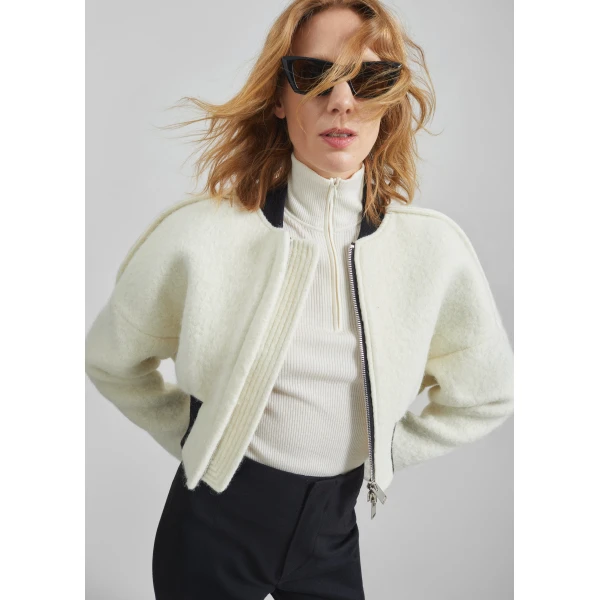The Frankie Shop Dimaro Wool Cropped Bomber Jacket - Ivory - Oversized Minimalist Jackets in Ivory - Shop at Luxury Shoes 