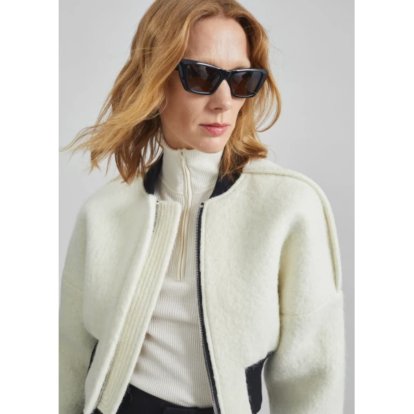 The Frankie Shop Dimaro Wool Cropped Bomber Jacket - Ivory - Oversized Minimalist Jackets in Ivory - Shop at Luxury Shoes 