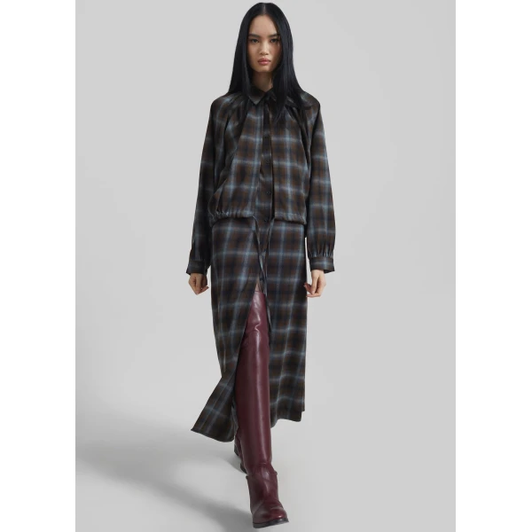 The Frankie Shop Ebell Layered Shirt Dress - Brown Plaid - Oversized Minimalist Dresses in Brown - Shop at Luxury Shoes 