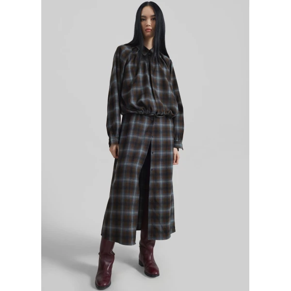 The Frankie Shop Ebell Layered Shirt Dress - Brown Plaid - Oversized Minimalist Dresses in Brown - Shop at Luxury Shoes 