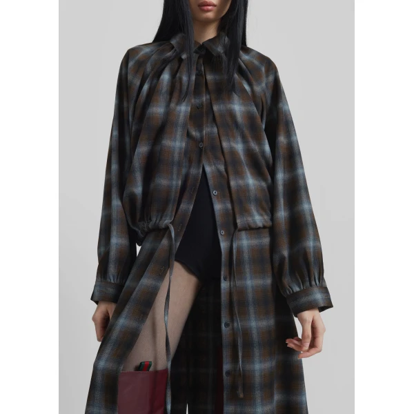 The Frankie Shop Ebell Layered Shirt Dress - Brown Plaid - Oversized Minimalist Dresses in Brown - Shop at Luxury Shoes 