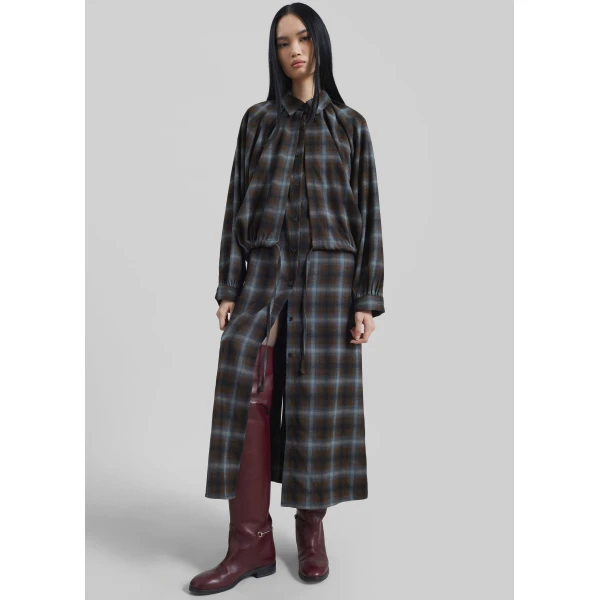 The Frankie Shop Ebell Layered Shirt Dress - Brown Plaid - Oversized Minimalist Dresses in Brown - Shop at Luxury Shoes 