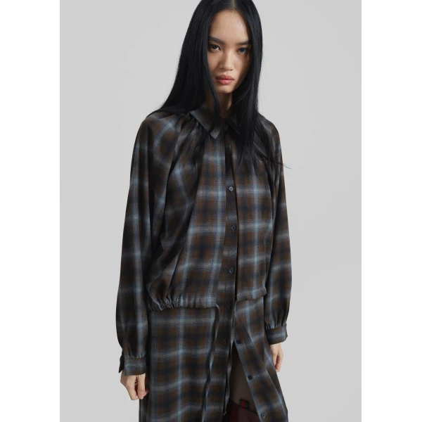 The Frankie Shop Ebell Layered Shirt Dress - Brown Plaid - Oversized Minimalist Dresses in Brown - Shop at Luxury Shoes 