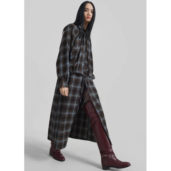 The Frankie Shop Ebell Layered Shirt Dress - Brown Plaid - Oversized Minimalist Dresses in Brown - Shop at Luxury Shoes 