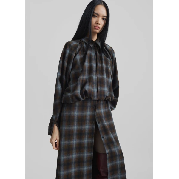 The Frankie Shop Ebell Layered Shirt Dress - Brown Plaid - Oversized Minimalist Dresses in Brown - Shop at Luxury Shoes 