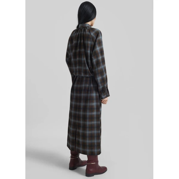 The Frankie Shop Ebell Layered Shirt Dress - Brown Plaid - Oversized Minimalist Dresses in Brown - Shop at Luxury Shoes 