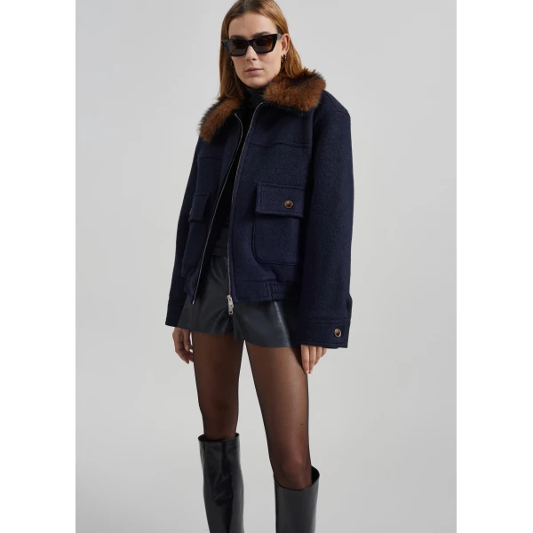 The Frankie Shop Elmont Brushed Wool Quilted Jacket - Dark Navy - Oversized Minimalist Jackets in Blue - Shop at Luxury Shoes 