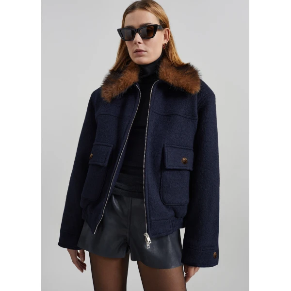 The Frankie Shop Elmont Brushed Wool Quilted Jacket - Dark Navy - Oversized Minimalist Jackets in Blue - Shop at Luxury Shoes 