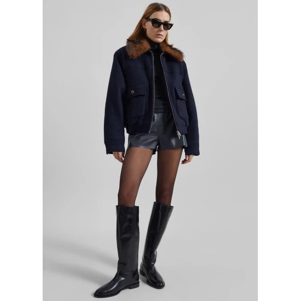 The Frankie Shop Elmont Brushed Wool Quilted Jacket - Dark Navy - Oversized Minimalist Jackets in Blue - Shop at Luxury Shoes 