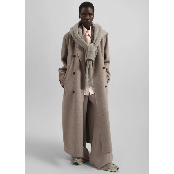The Frankie Shop Gaia Double Breasted Coat - Taupe Melange - Oversized Minimalist Coats in Brown - Shop at Luxury Shoes 