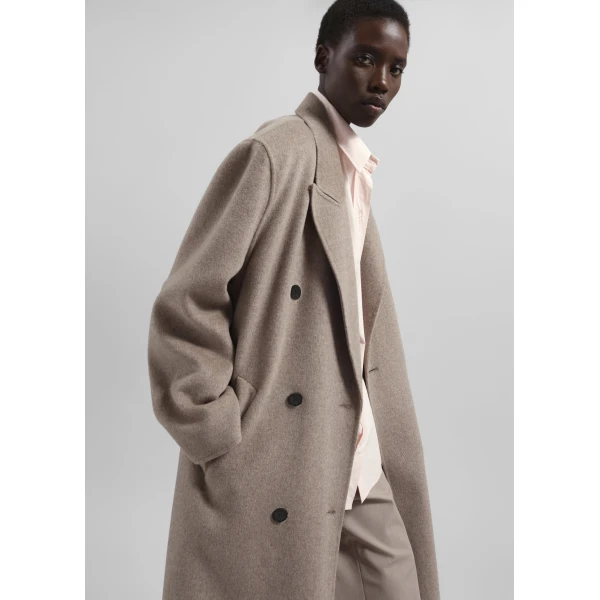 The Frankie Shop Gaia Double Breasted Coat - Taupe Melange - Oversized Minimalist Coats in Brown - Shop at Luxury Shoes 