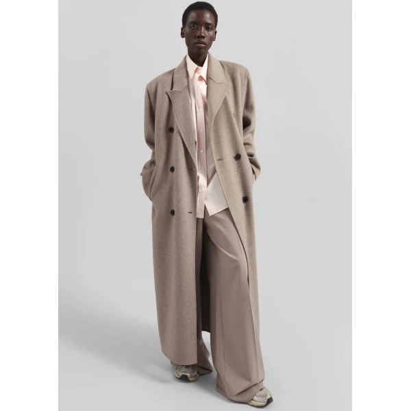 The Frankie Shop Gaia Double Breasted Coat - Taupe Melange - Oversized Minimalist Coats in Brown - Shop at Luxury Shoes 