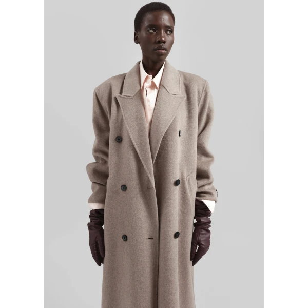 The Frankie Shop Gaia Double Breasted Coat - Taupe Melange - Oversized Minimalist Coats in Brown - Shop at Luxury Shoes 