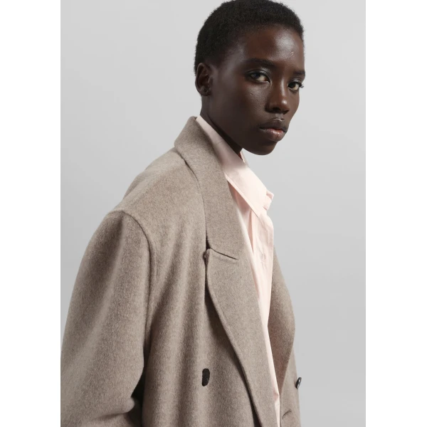 The Frankie Shop Gaia Double Breasted Coat - Taupe Melange - Oversized Minimalist Coats in Brown - Shop at Luxury Shoes 