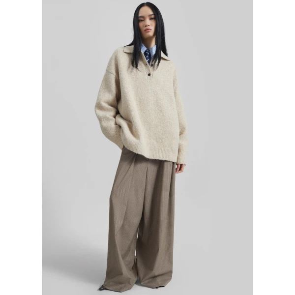 The Frankie Shop Gistel Pleated Pants - Beige Plaid - Oversized Minimalist Pants in Beige - Shop at Luxury Shoes 