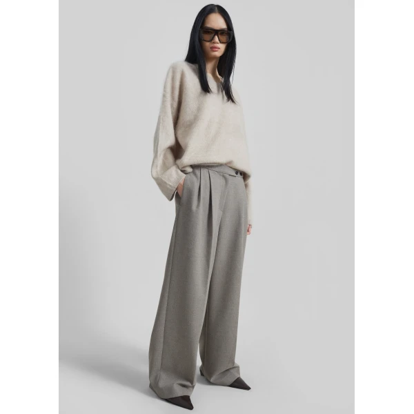 The Frankie Shop Haflso Pleated Wide Trousers - Beige Melange - Oversized Minimalist Pants in Beige - Shop at Luxury Shoes 