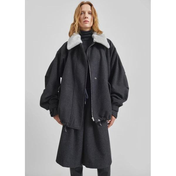 The Frankie Shop Hemavan Faux Fur Lined Jacket - Dark Grey - Oversized Minimalist Jackets in Grey - Shop at Luxury Shoes 