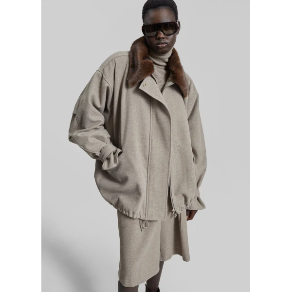 The Frankie Shop Hemavan Faux Fur Lined Jacket - Taupe - Oversized Minimalist Jackets in Brown - Shop at Luxury Shoes 
